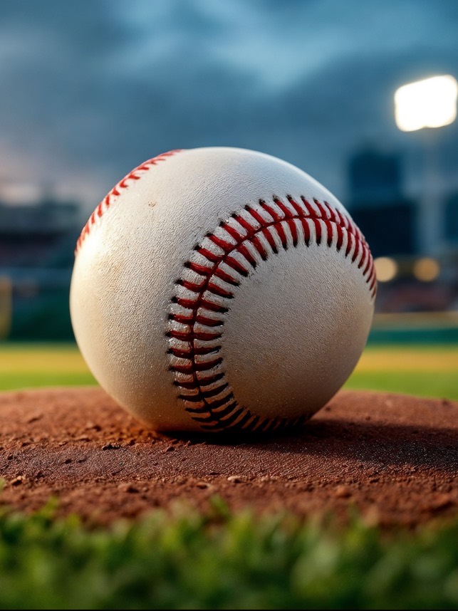A baseball resting on the infield dirt under stadium lights