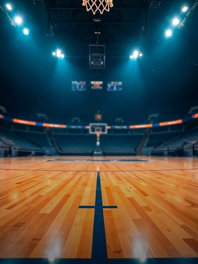 A basketball hoop above the court in an empty arena