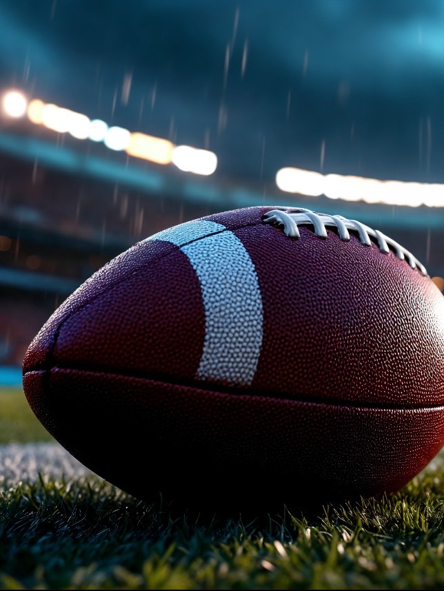 A football resting on the turf under stadium lights