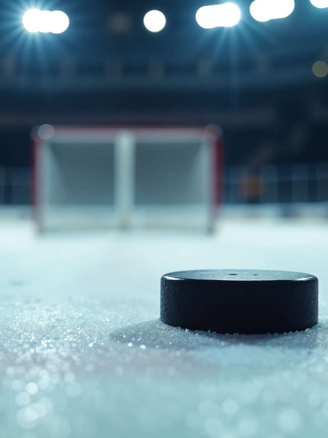 A puck on the ice in front of the goal