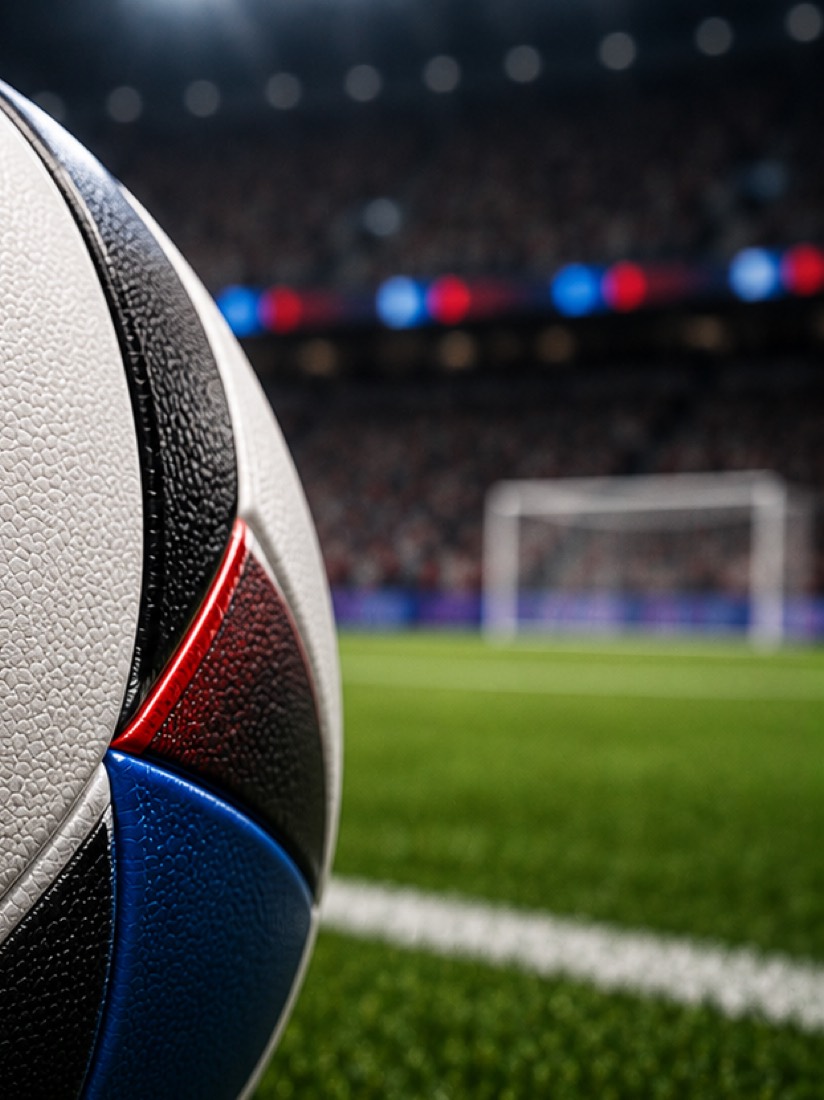 A soccer ball on the pitch in front of the goal